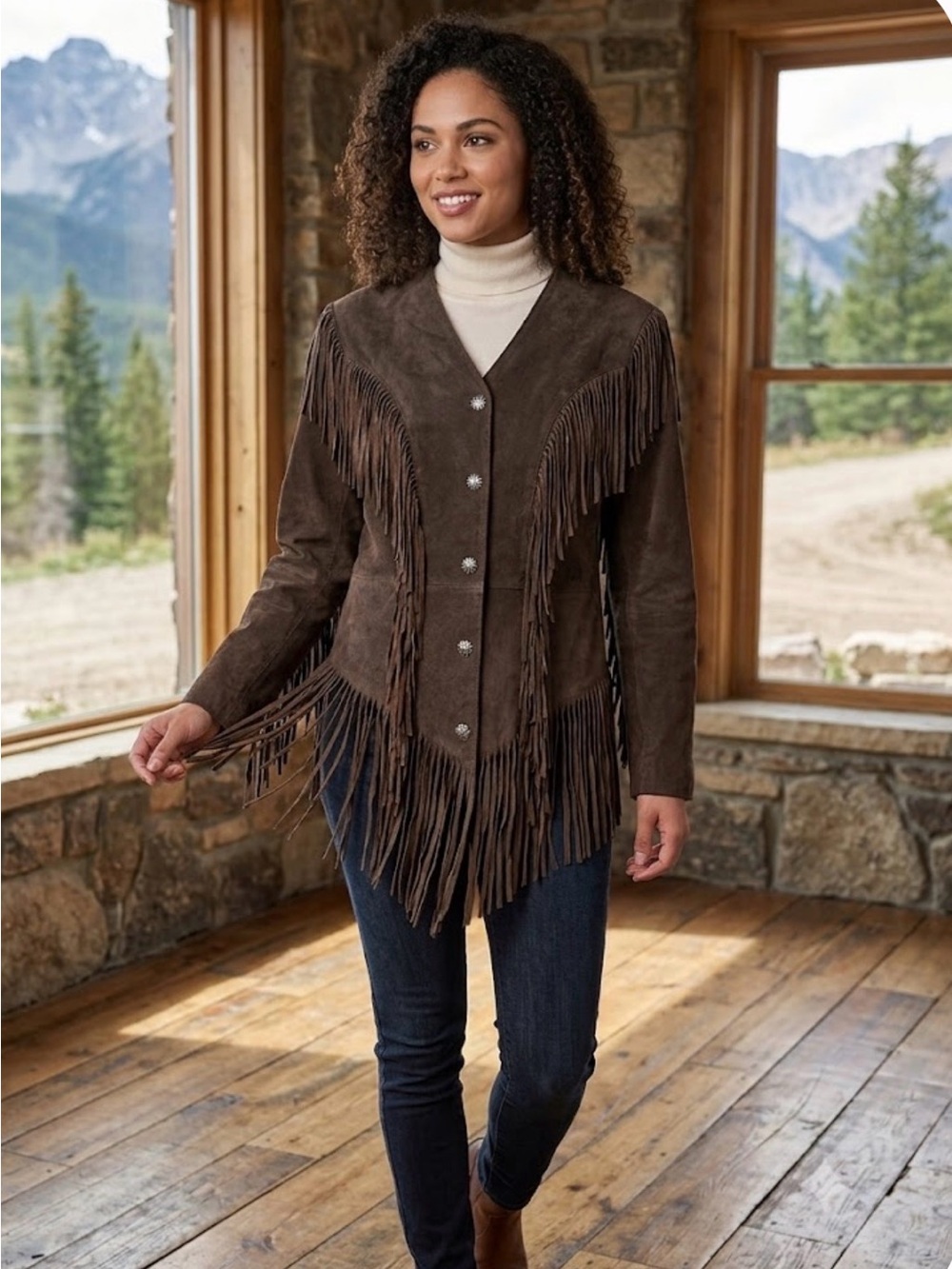 Cripple Creek 100% Genuine Leather Suede Fringe Jacket with Snap Button - #61